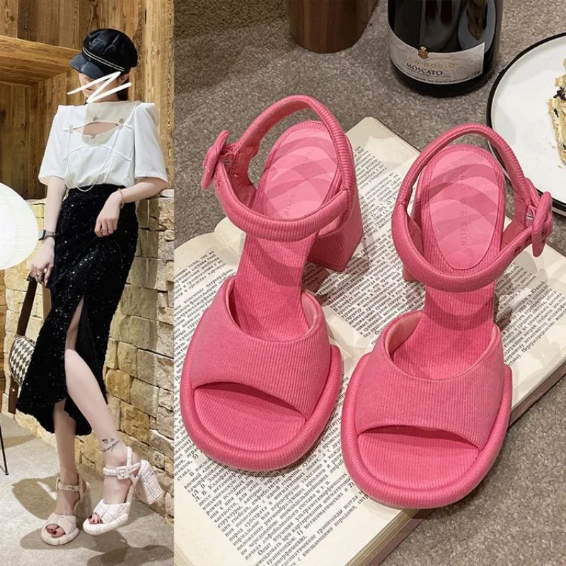 Open Toe Thick Heeled Sandals for Women 2023Summer New Vintage French High Heels Simple and Elegant Round Toe Casual Women Shoes