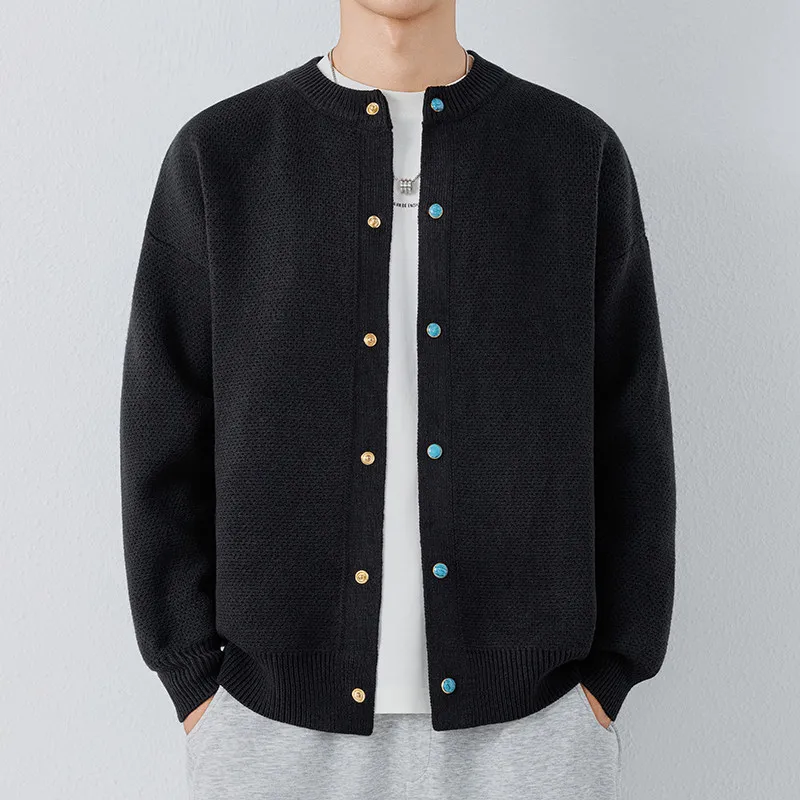 

High Quali Knitted Cardigan Sweater Men's Faion Casual Versatile Premium Yarn Top Autumn Pure Color Long Sve round Ne