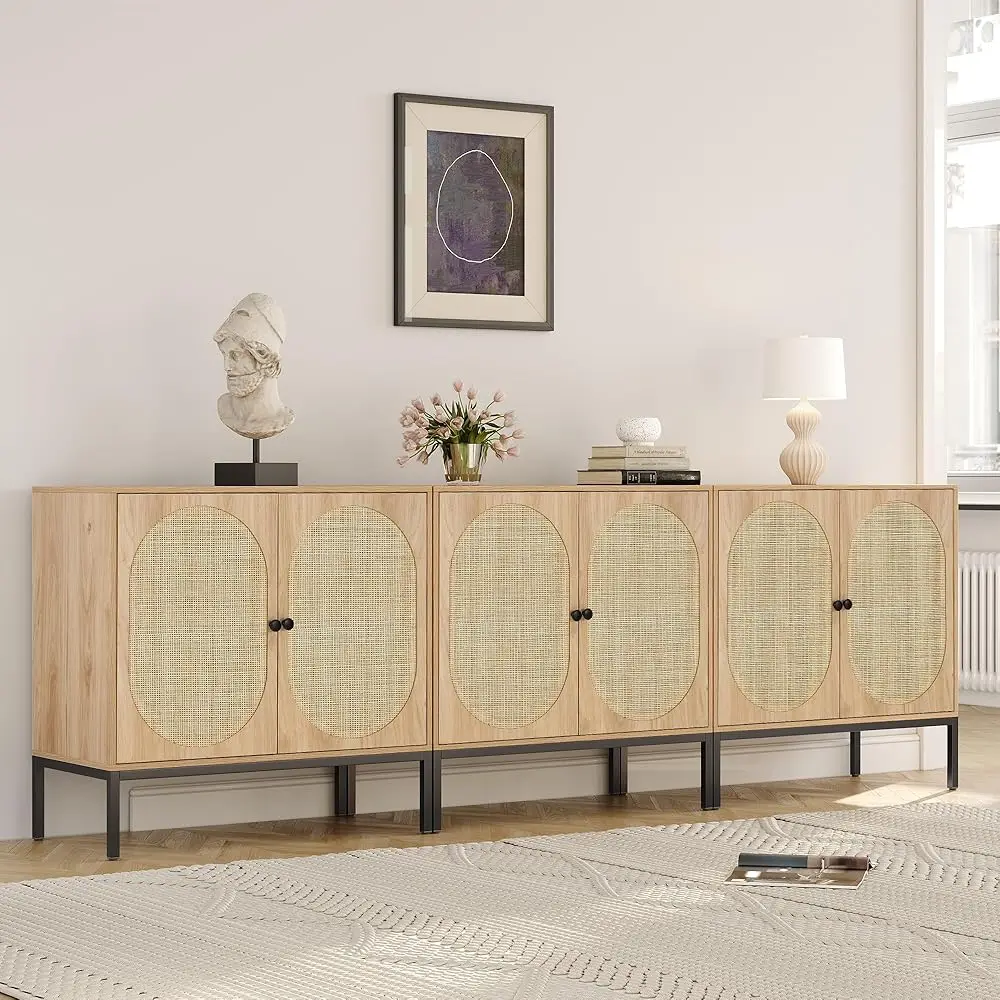 

Set Of 3 Sideboard Cabinet With Natural Rattan Decorated Doors, Rattan Cabinet, Buffet Storage Console Table, Accent Credenza