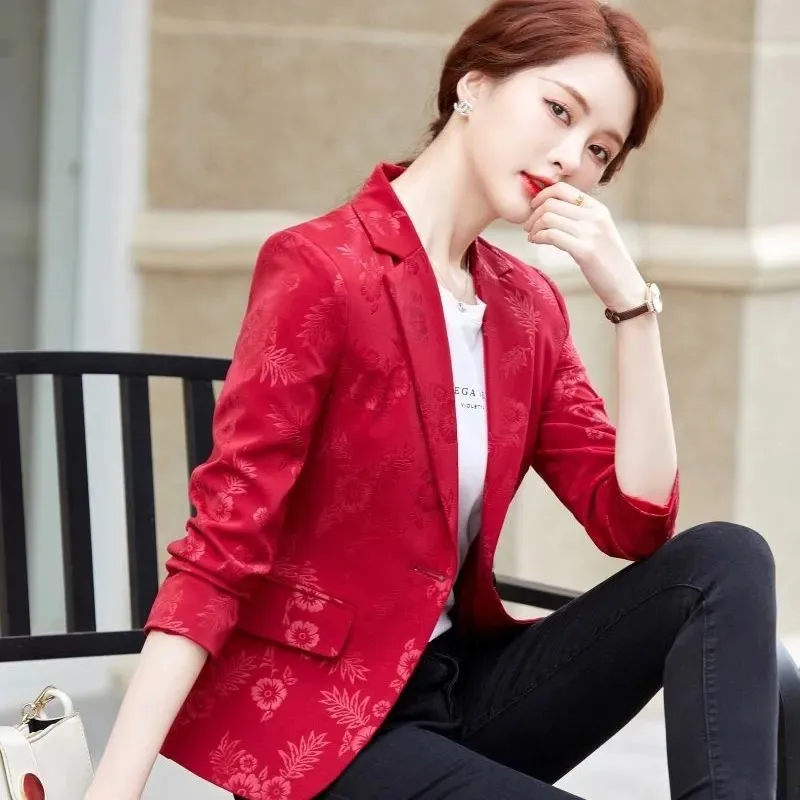 Upscale Red Printing  Blazer Women Spring Autumn 2022 New Female Outerwear Slim Fit Temperament Small Short Miss Suit Jacket