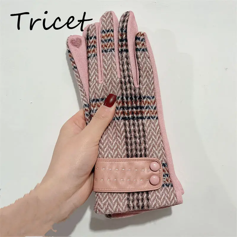 

New Women Winter Gloves Plaid PU Touch Screen Female Elegance Mittens Full Finger Windproof Warm Fleece Woman Gloves