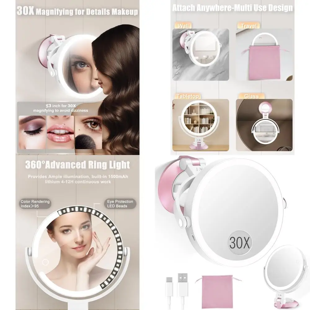 مرآة مكياج LED مزدوجة الجوانب مع كوب شفط، قابلة لإعادة الشحن، 3 أوضاع إضاءة، عالية الدقة ومكبرة، للحمام والسفر #1
