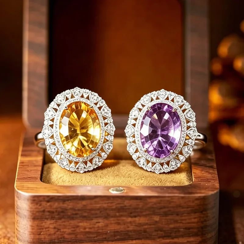Big Carat Millennium Cut Natural Amethyst Citrine Ring Women's S925 Sterling Silver Color Treasure Jewelry Factory Wholesale