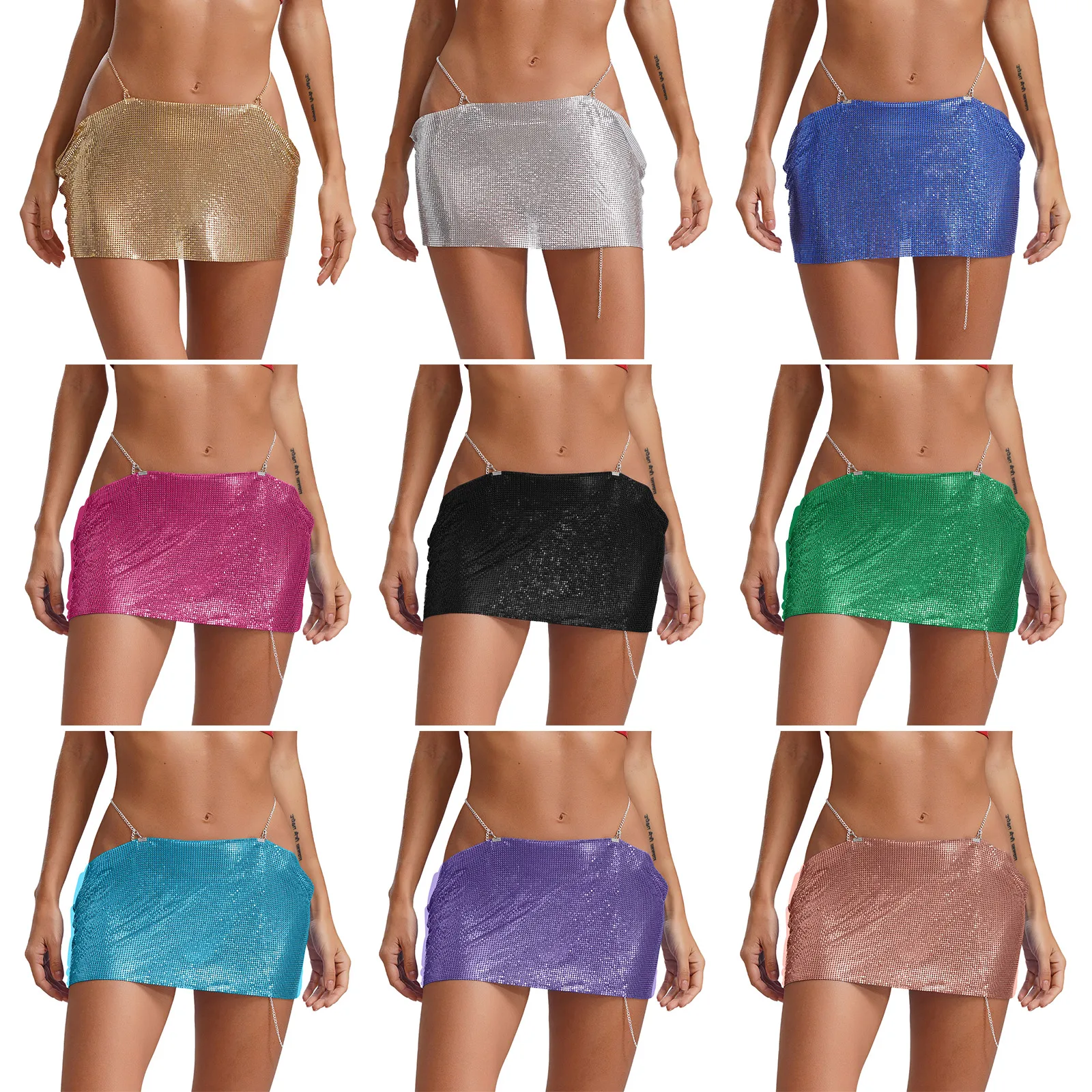 Women Sparkly Sequins Mini Skirt Low Waist Metal Chains Waistband Glitter Skirts Sexy Miniskirt Nightclub Rave Party Clubwear