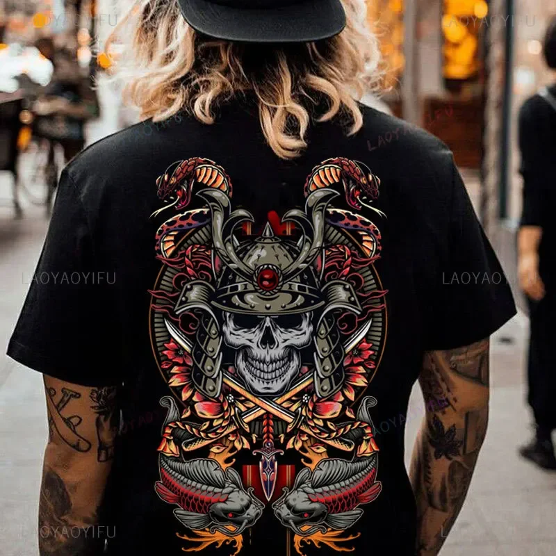 Japanese Samurai Style Back Printed Pattern Cotton Tshirt Unisex Samurai of Shadows: Oni Masked Graphic T Shirts Men Clothing