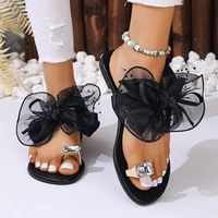 Big Rhinestone Clip Toe Sandals for Women 2026 Summer Silk Bowtie Beach Flip Flops Woman Plus Size 42 Flat Heels Slippers Shoes - Image 6