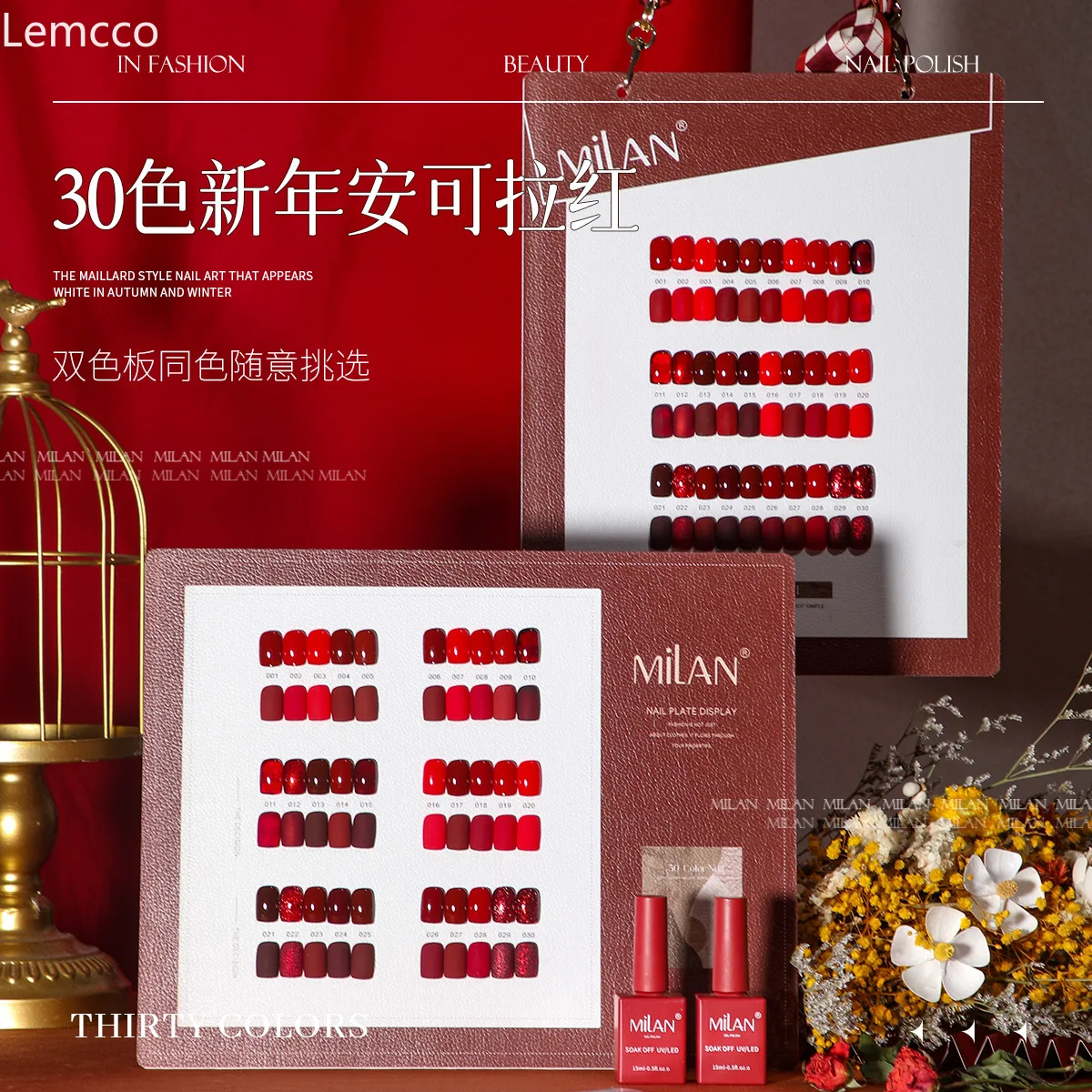 Milan Herbst Winter Halloween Rot 30-teiliges Gel-Nagellack-Set mit Karte für Nagelkunst Neujahr rotes Gel SemiPermanent UV-Gel 15 ml