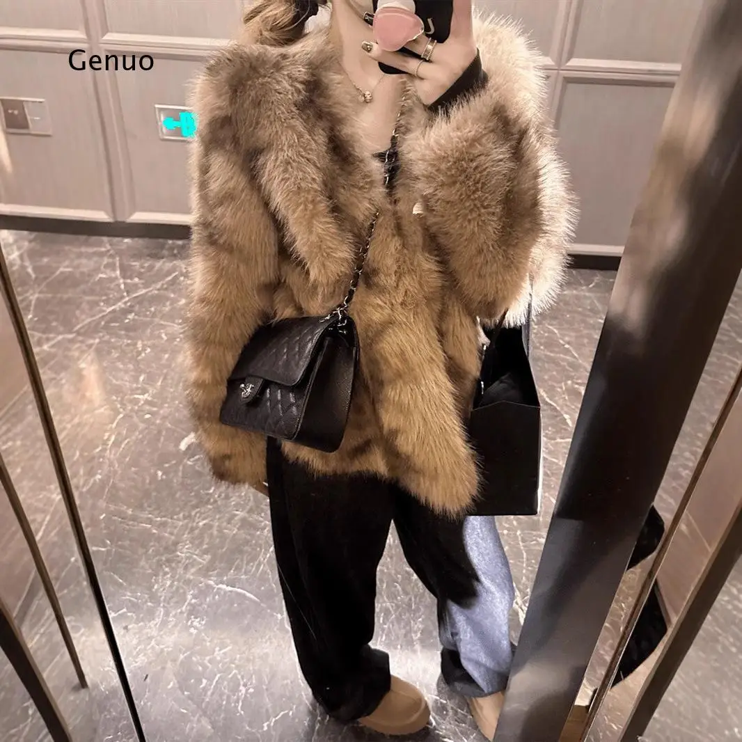 Female Faux Fox Fur Overcoat Winter Warm Furry Outerwear Casual Versatile Jacket for Daily Streetwear Fashion