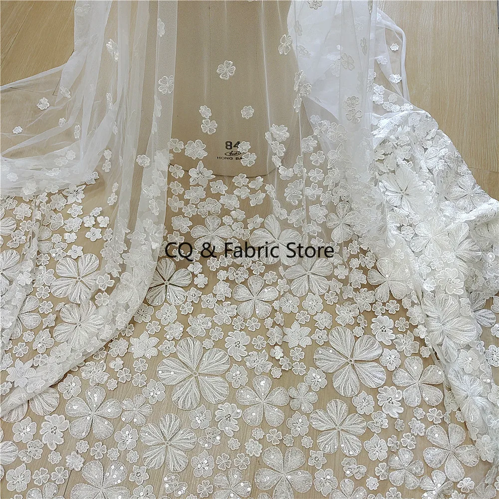 Tessuto di pizzo ricamato a rete con paillettes bianche Tessuto per abito da sposa Accessori fai da te fatti a mano Tessuto di design tagliato a misura
