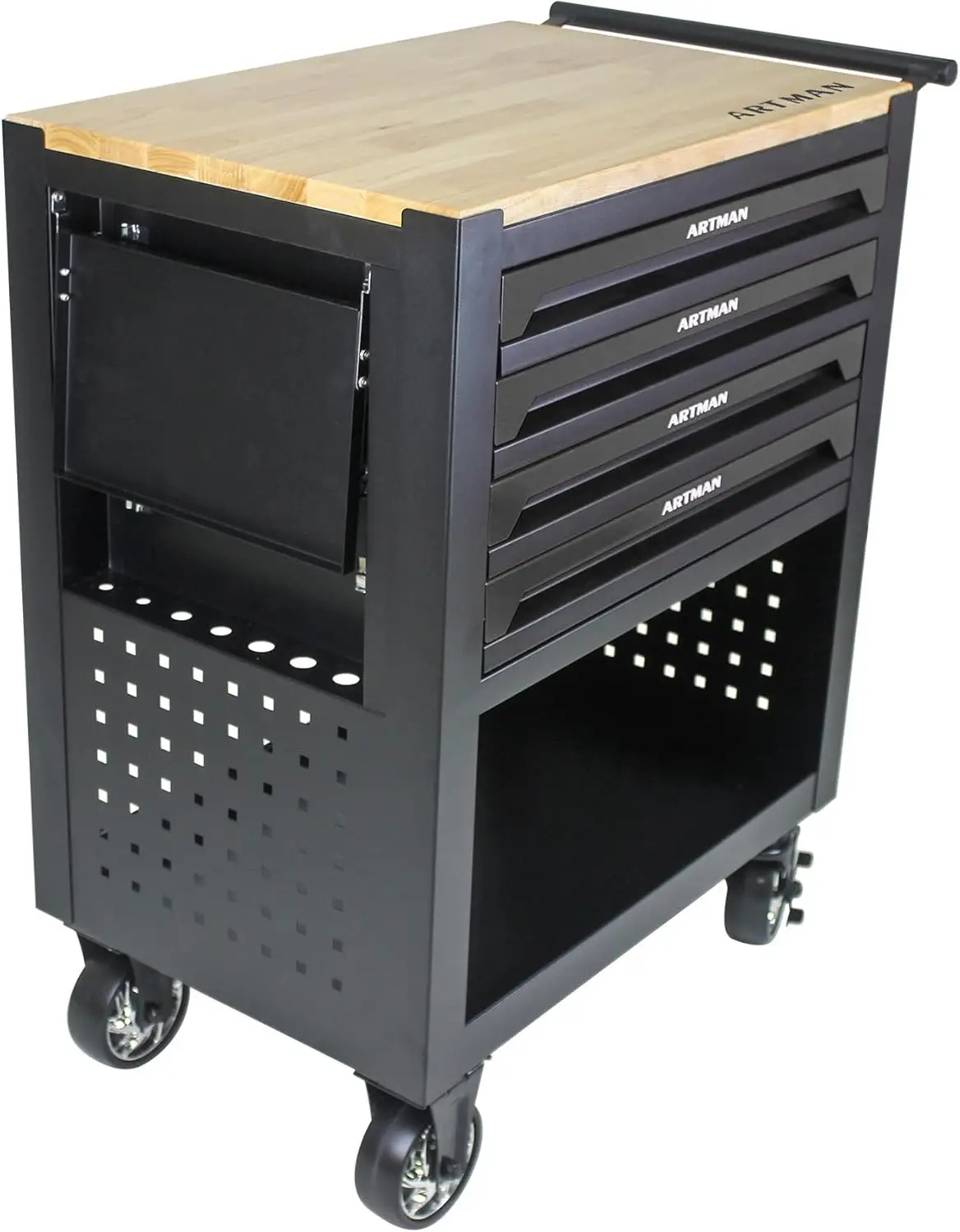 Armadietto degli attrezzi, cassapanca degli attrezzi con ruote a 4 cassetti, carrello multifunzionale con organizer per banco da lavoro con piano in legno