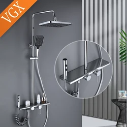 VGX Luxury Chrome Shower System  Four-function Bathroom Shower Faucet Set Rainlfall Bathroom Mixer Taps Bidet Shower Set Grey