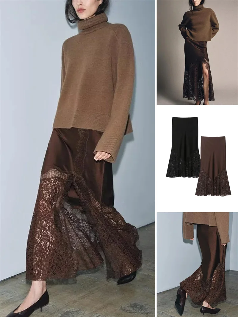 

Шелковая атласная юбка с высокой талией и кружевной отделкой. Повседневная женская юбка трапециевидной формы с разрезом по бокам для осеннего сезона.