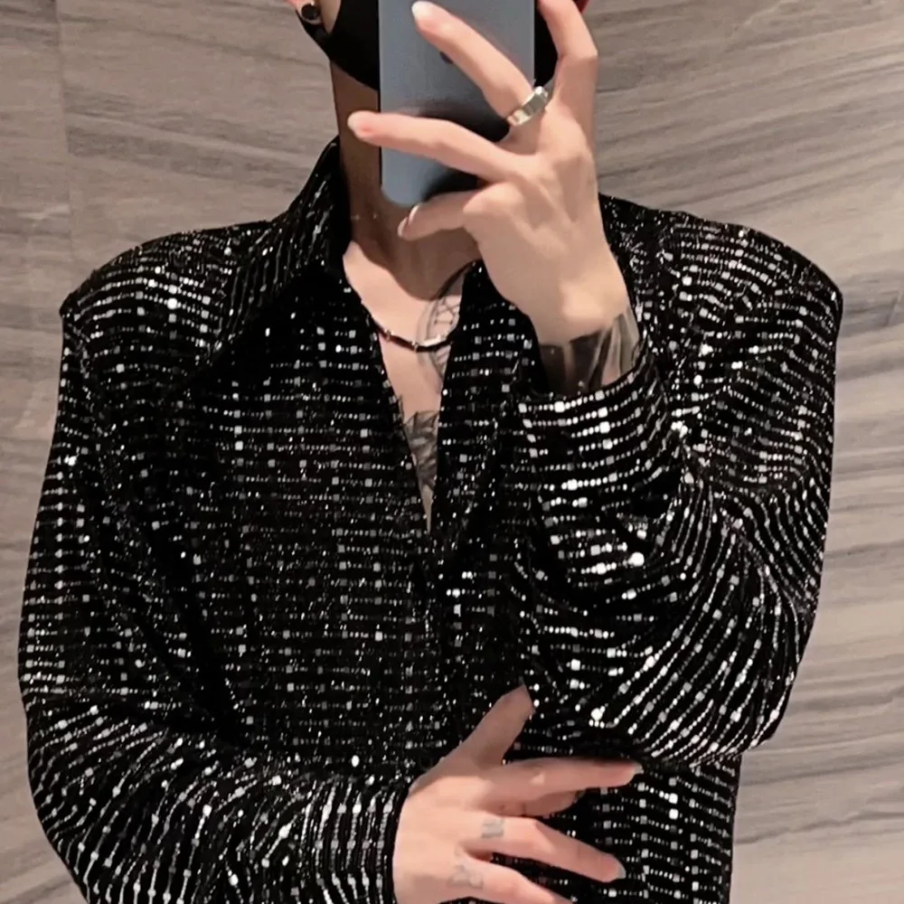 Mens Y2k Sequin Shoulder Pad Jacket Nightclub Personality Temperament Fashion Youth Long-Sleeve Performance Costumes 2024 Summer