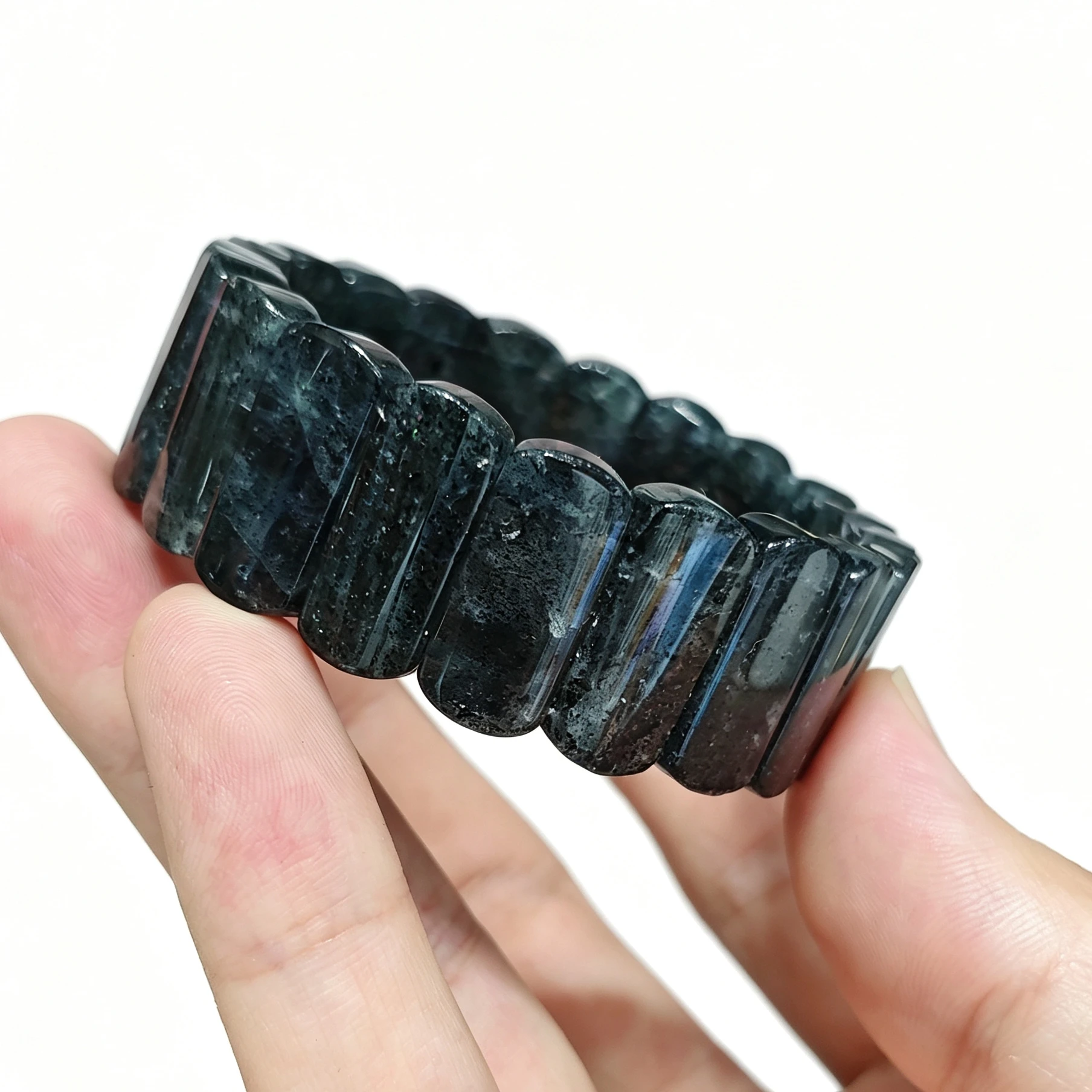 Natural Black Strawberry Quartz Plate Bracelet Gemstone Rectangle Slab Cuff Black Crystal Stretch Bracelet Fine Jewelry 1 Pc