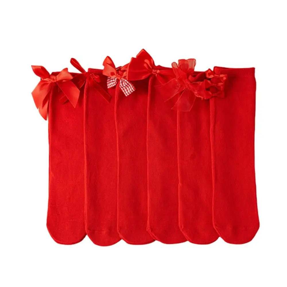 لطيف القطن السنة الجديدة الجوارب الحمراء مريحة الحلو القوس الجوارب للأطفال منتصف أنبوب الأميرة جوارب طويلة إلى الركب الخريف #4