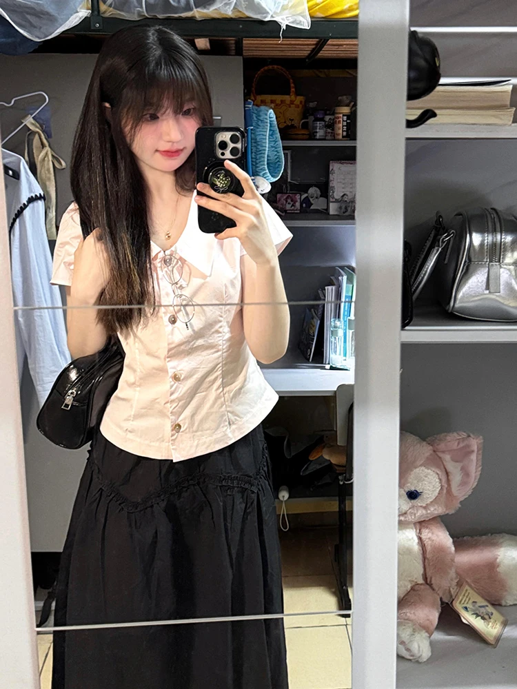 

Sweet Sle Pink ort Sve irt для женщин, лето 2022, новинка Small Flng Sve, утягивающая талия, Cinched irt College Sle