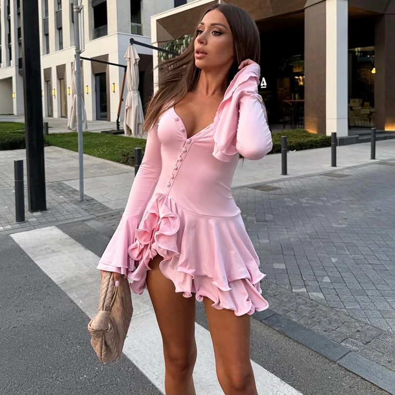 Typhaland Slim Ruffle-Trim Dress Women's V-Neck Bell Sleeves Single-Breasted High-Waisted Panelled Mini Dress 2026 Summer Female