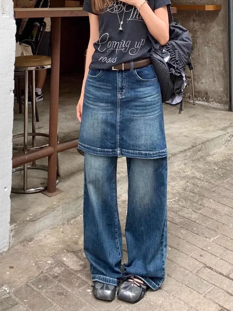 

Women's Y2k Flare Jeans With Skirt Harajuku Vintage Baggy Denim Trousers Japanese 2000s Style Oversize Denim Long Pants Clothes
