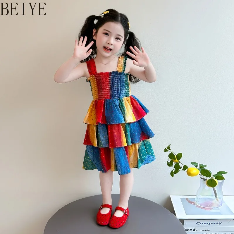Summer Children's High Street Dress Cute Sweet Korean Style Suspender Cake Dress Girls Sleeveless Rainbow Color Daily Dress