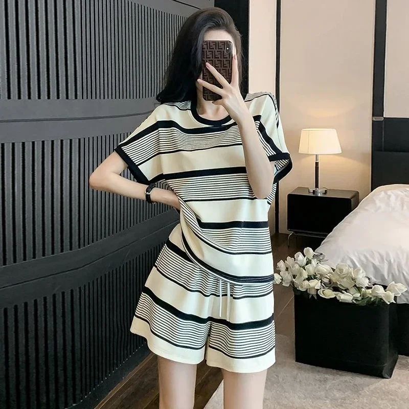 

Loose Tracksuit Stripes Women's Short Sets 2 Pieces Casual Outfits Promotion 2025 Features Of Matching Coordinated Female Shorts