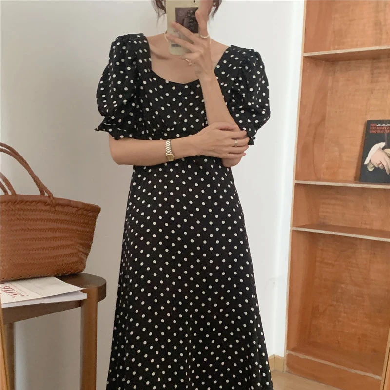 فستان صيفي أنيق بتصميم كلاسيكي منقط، ذو ياقة على شكل حرف V، مع حزام، أكمام فقاعية، تصميم نحيف، على الطراز الكوري، خصر مرتفع، ...