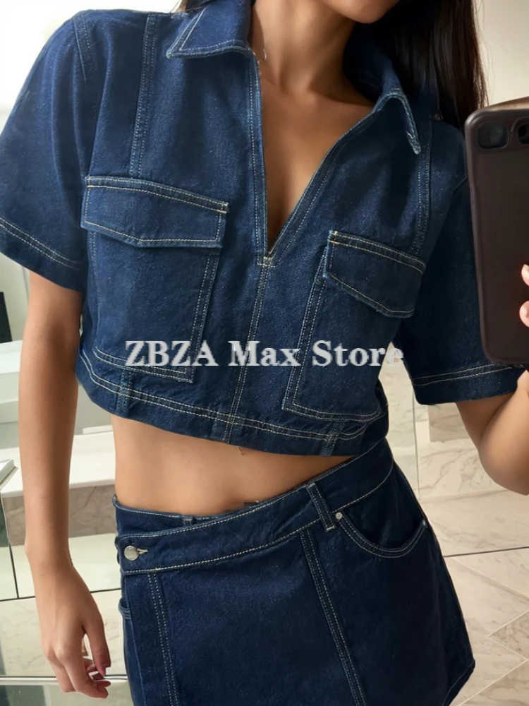 Cropped Denim Shirt Skort Suit Short Sleeved Lapel Front Pockets Top Hidden Zipper High-waisted Button Mini Skirt New Chic Set