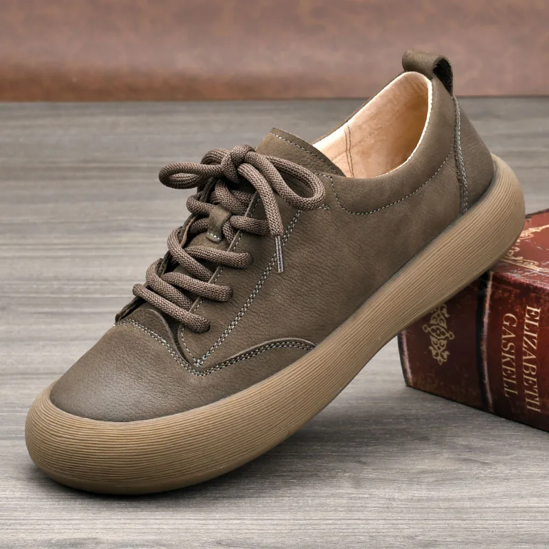 LIHUAMAO Cow Leather Brown casual lace up Men Shoes Comfortable Walking Sneakers outdoor work shoes