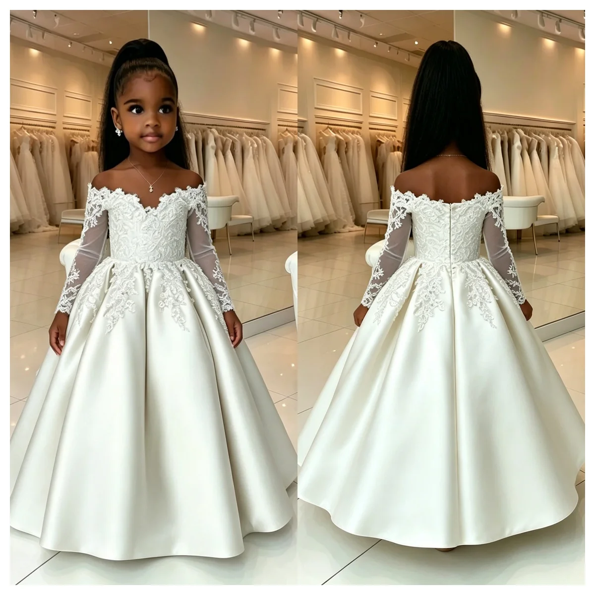 Custom Simple Off Shoulder Lace Long Sleeve Flower Girl Dress Elegant Hand Embroidered Satin Party Dress Girls First Communion