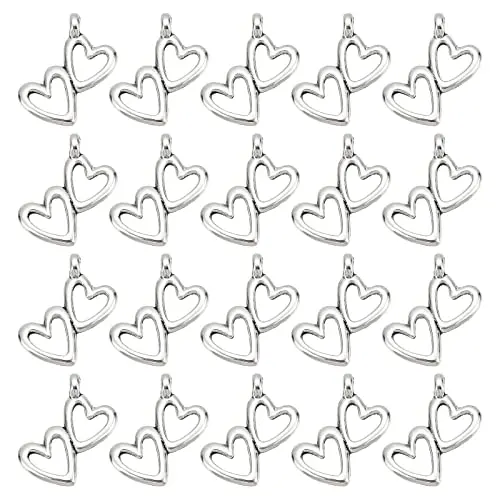 20pcs Double Love Heart Charms Tibetan Silver Plated Valentines Alloy Pendants For DIY Necklace Bracelet Jewelry Making