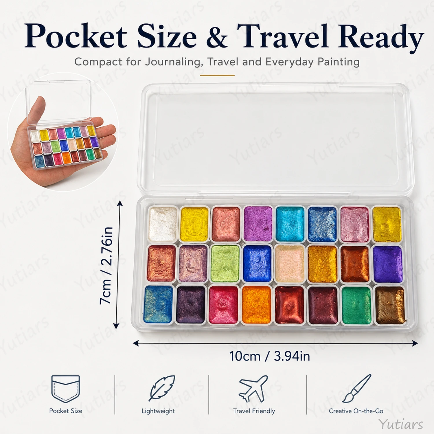 24 Colors Metallic Watercolor Paint Set, Pearl Shimmer Solid Pigment Palette with Portable Case for Art Painting, Crafts and DIY