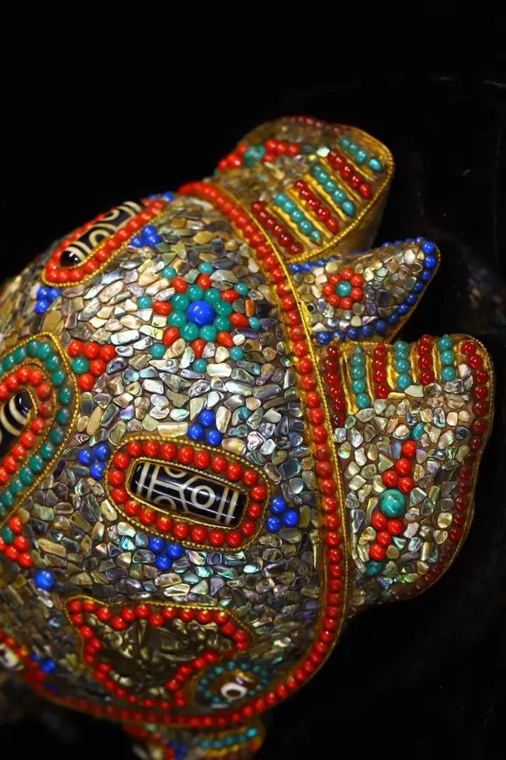 

10"Old Xizang Folk Collection Old Natural Meteorite Mosaic Gem gZi Beads Shell Amass wealth Tortoise Amulet Dharma Worship Hall
