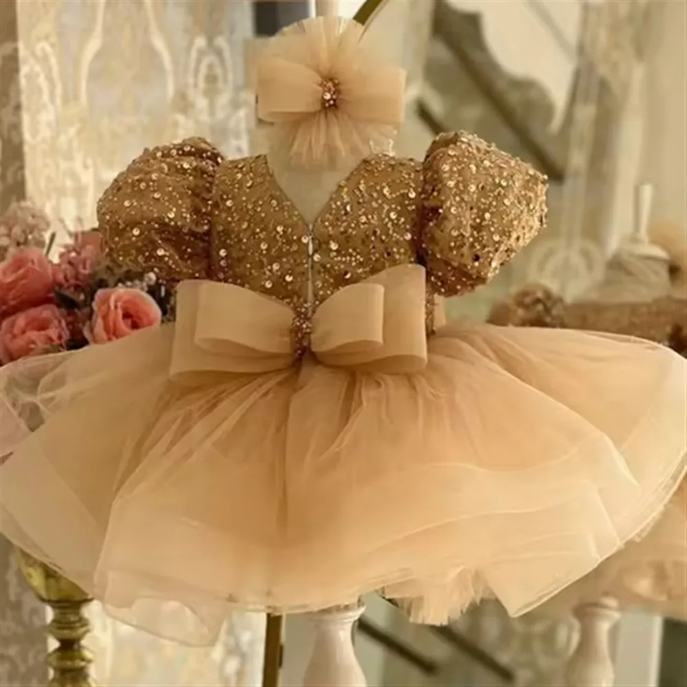 تخصيص مطرزة الأميرة زهرة فتاة فستان الزفاف قصيرة الأكمام القوس منتفخ الاطفال الطفل فستان حفلة عيد ميلاد حفلة موسيقية الكرة ثوب #1