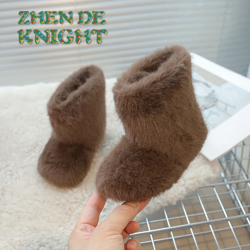 

2025 зимние новые ботинки на флисовой подкладке, однотонные теплые короткие ботинки для мальчиков, модная пушистая детская плюшевая обувь для девочек