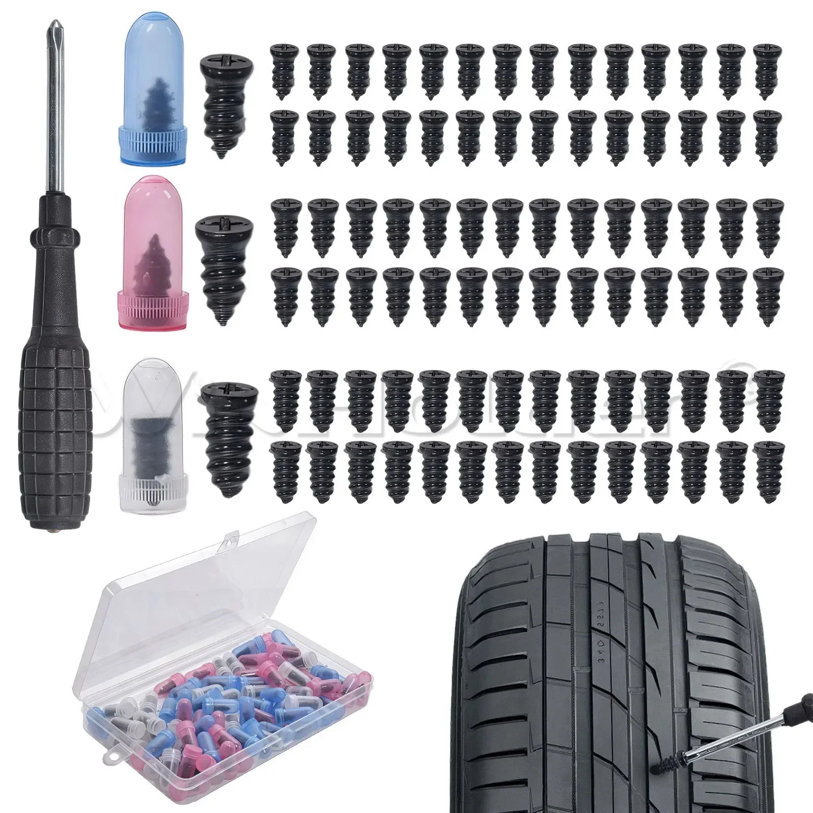 22/84pcs Tire Repair Screws Car Tire Puncture Tool Kit Screw In Tire Plug With Screwdriver Vacuum Tire Mending Nail Screw Plug