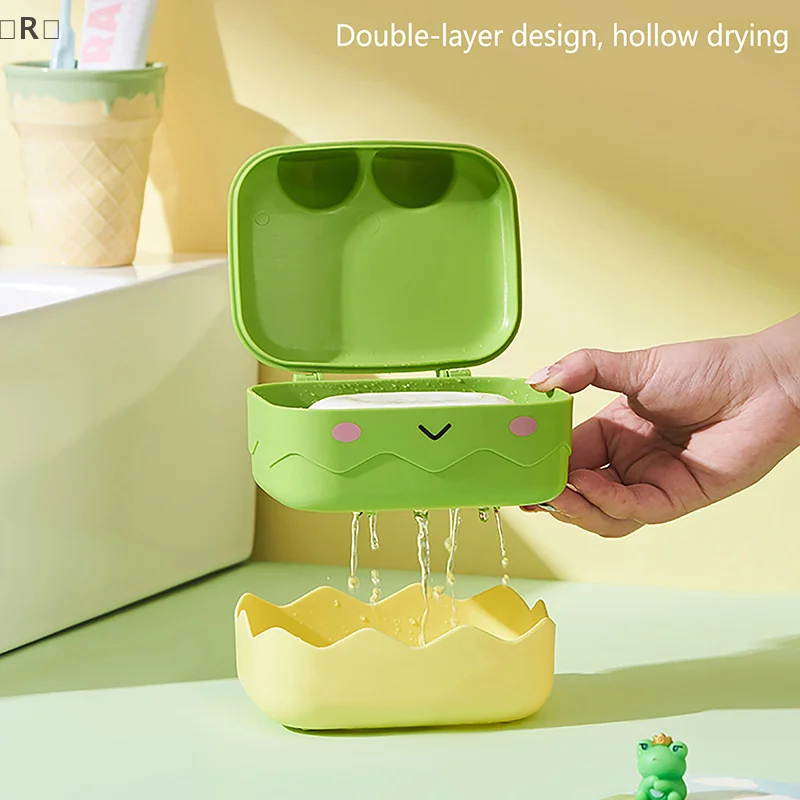 〔R〕Drain Soap Box Cute Frog Shape Portable Plastic Animal Box Non-slip Bathroom Home Decoration PP Material Shower Holder