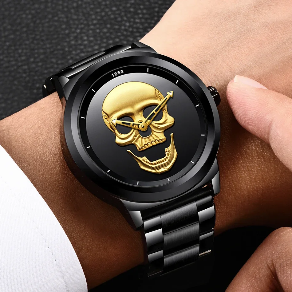 LIGE Top Brand Fashion Quartz Man Watch Creative 3D Skull Stainless Steel Watchs for Men Casual Business Waterproof Male Clocks