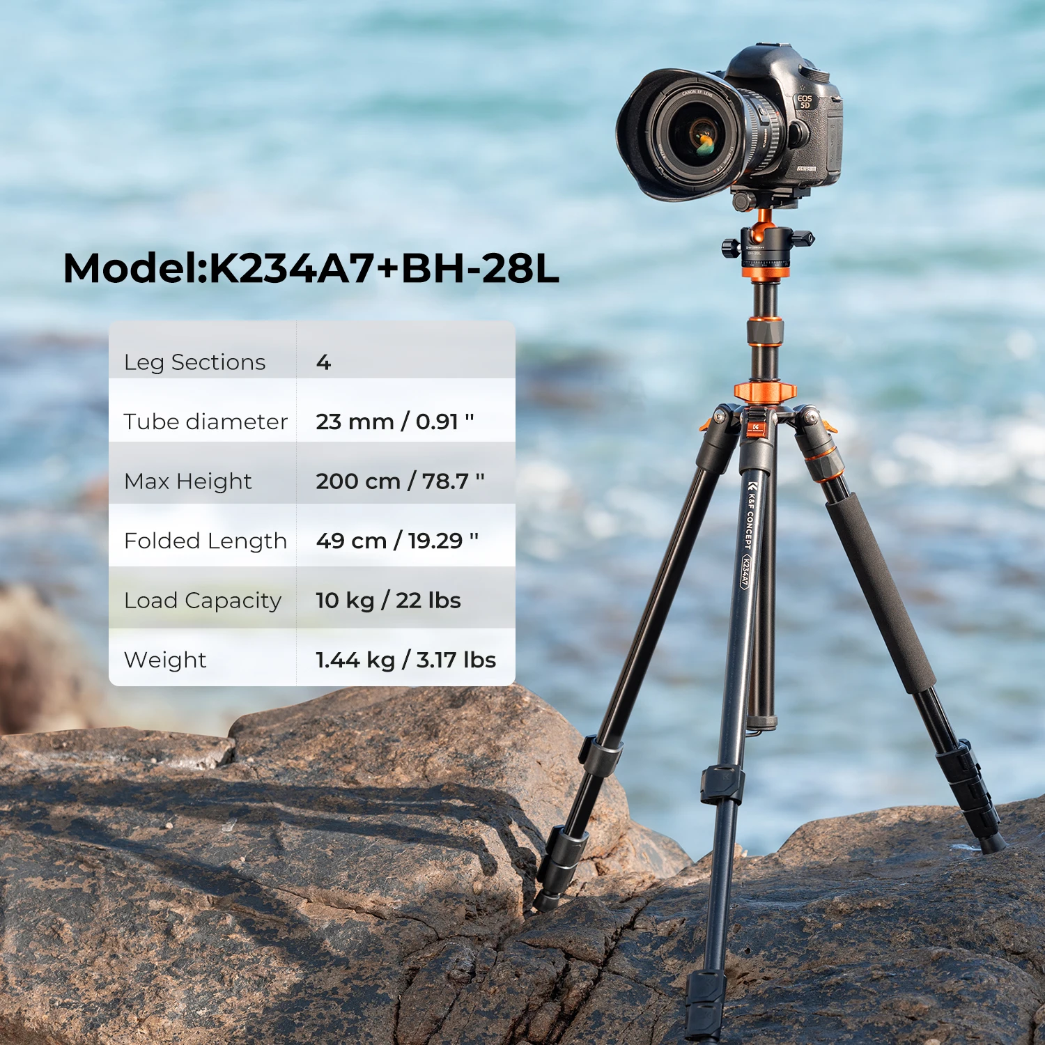 

K&F Concept 2m Overhead Aluminum DSLR Tripod Compact Portable Vlog Tripod Monopod 22lbs/10kg Load K234A7+BH-28L Camera Tripods