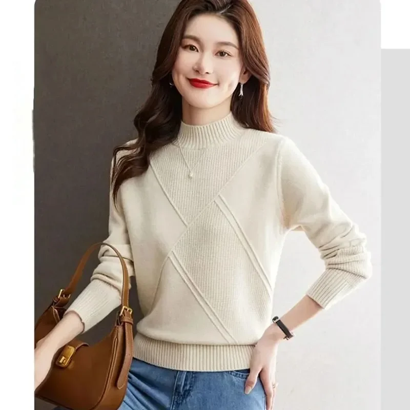 PTKPCC Autumn Winter Half-High-Necked Ladies Pullover Sweater Coat Female Fashion Women's Jacket Knitwear Bottoming Shirt Tops