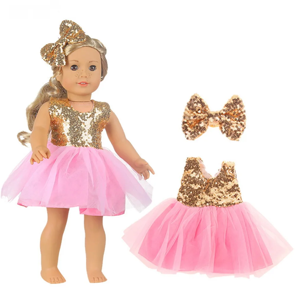 Doll Skirt for American 18 Inch Doll Sequins Dress Doll Clothes for 43cm Baby New Born Doll Party Reunion Doll Skating Shoes