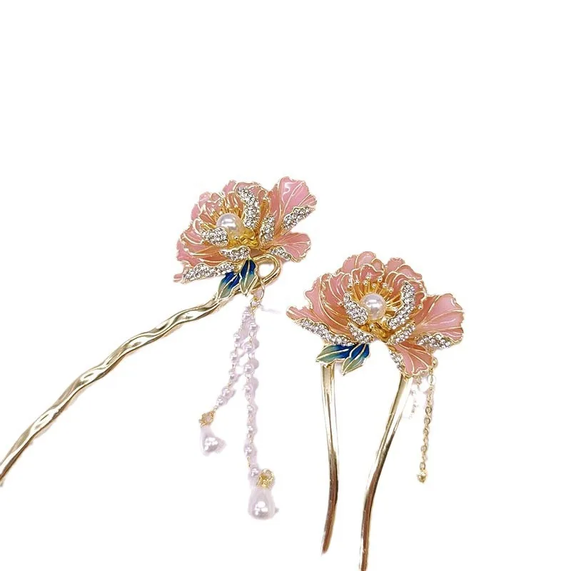 New Chinese-style peony flower tassel hairpins for women, Chinese-style Hanfu hairpins and flower headwear