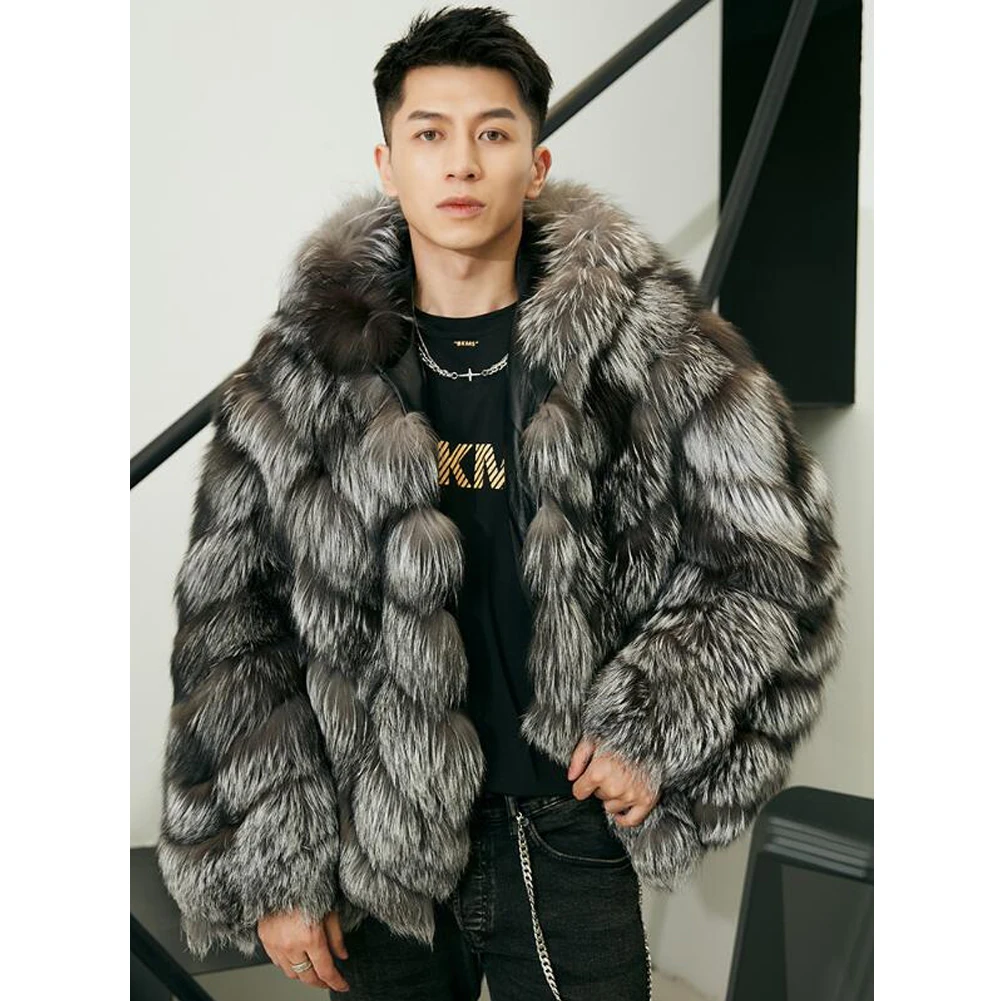 Denny&Dora Mens Fox Fur Coat Fashion Fox Fur Coat Hooded Mens Fur Jacket Black Short Winter Warm Coats