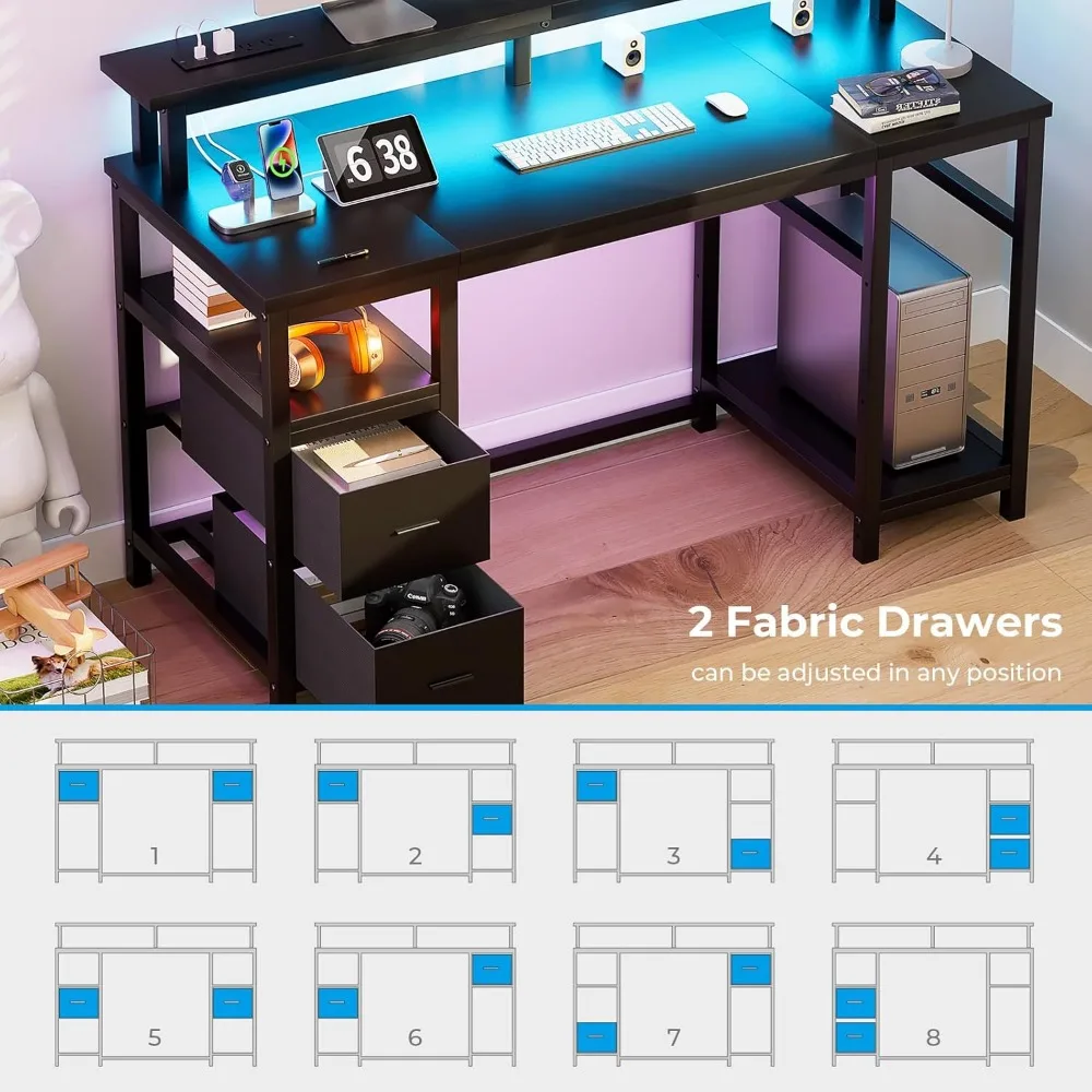 Escritorio para computadora con 2 cajones y tomas de corriente, con 2 soportes para monitor y archivador de tela, mesa de juegos reversible con luces LED