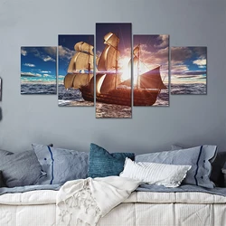 5 Panel Set Canvas Painting Sunrise On The Sea Ship Away Giant Sailboat Living Room Office Conference Room Wall Decorations