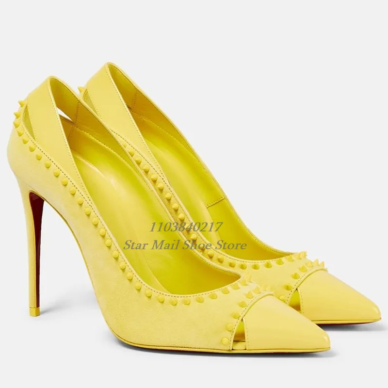 

Bright Yellow Rivet Design Pointed Toe High Heels Shallow Mouth Back Bag Heel Hollow Slip On Stilettos Elegant Women Dress Shoes