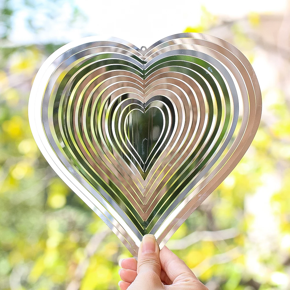 7.8inch Heart Wind Spinner 3D Hanging Flowing Mirror Wind Chime Turn Sculpture Catcher Windmill Yard Garden Decor Bird Deterrent