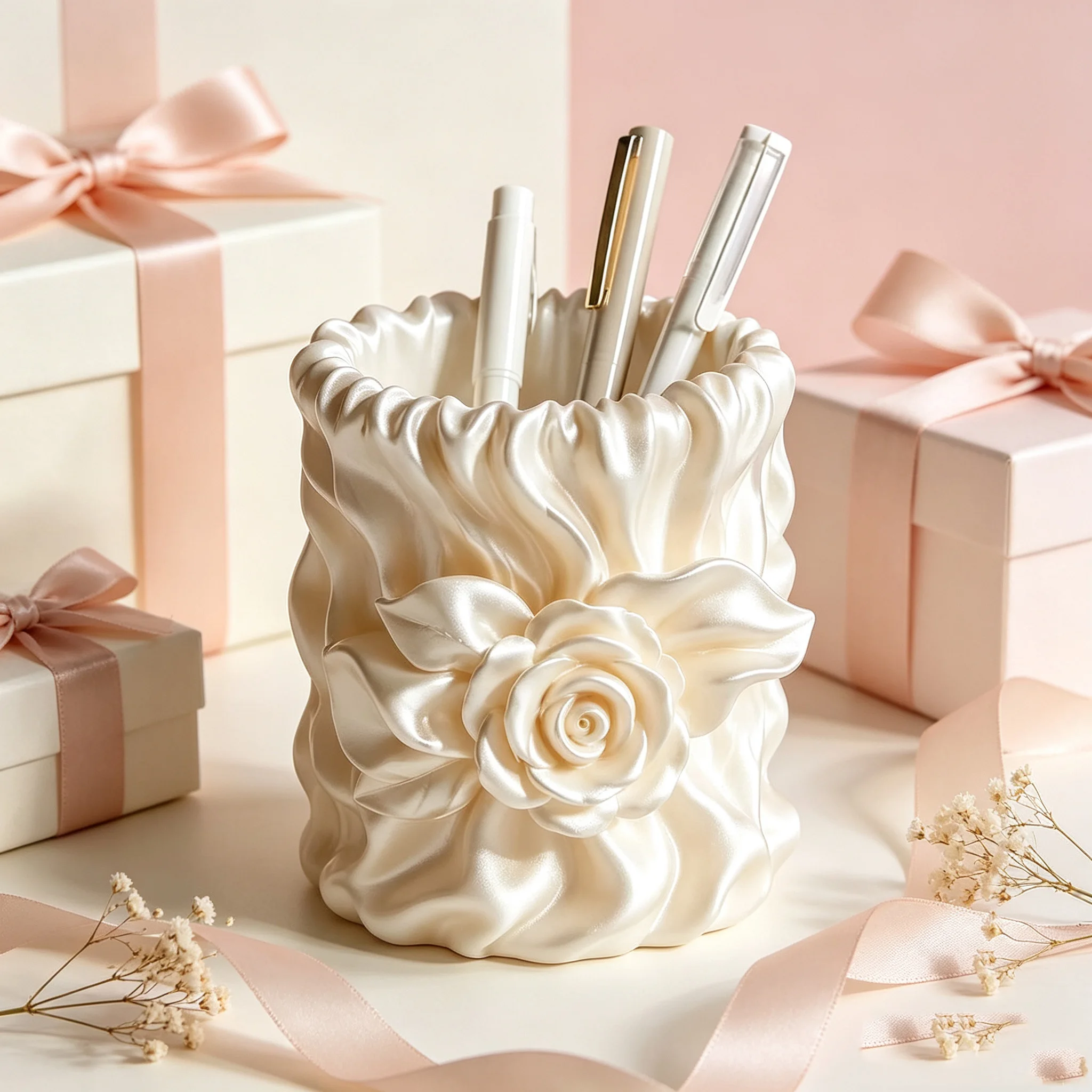 Unregelmäßig plissierter Stifthalter, Schreibtisch-Aufbewahrungsbox, Rosen-Kosmetikpinselhalter, Make-up-Organizer, Heim- und Schminktisch-Dekoration