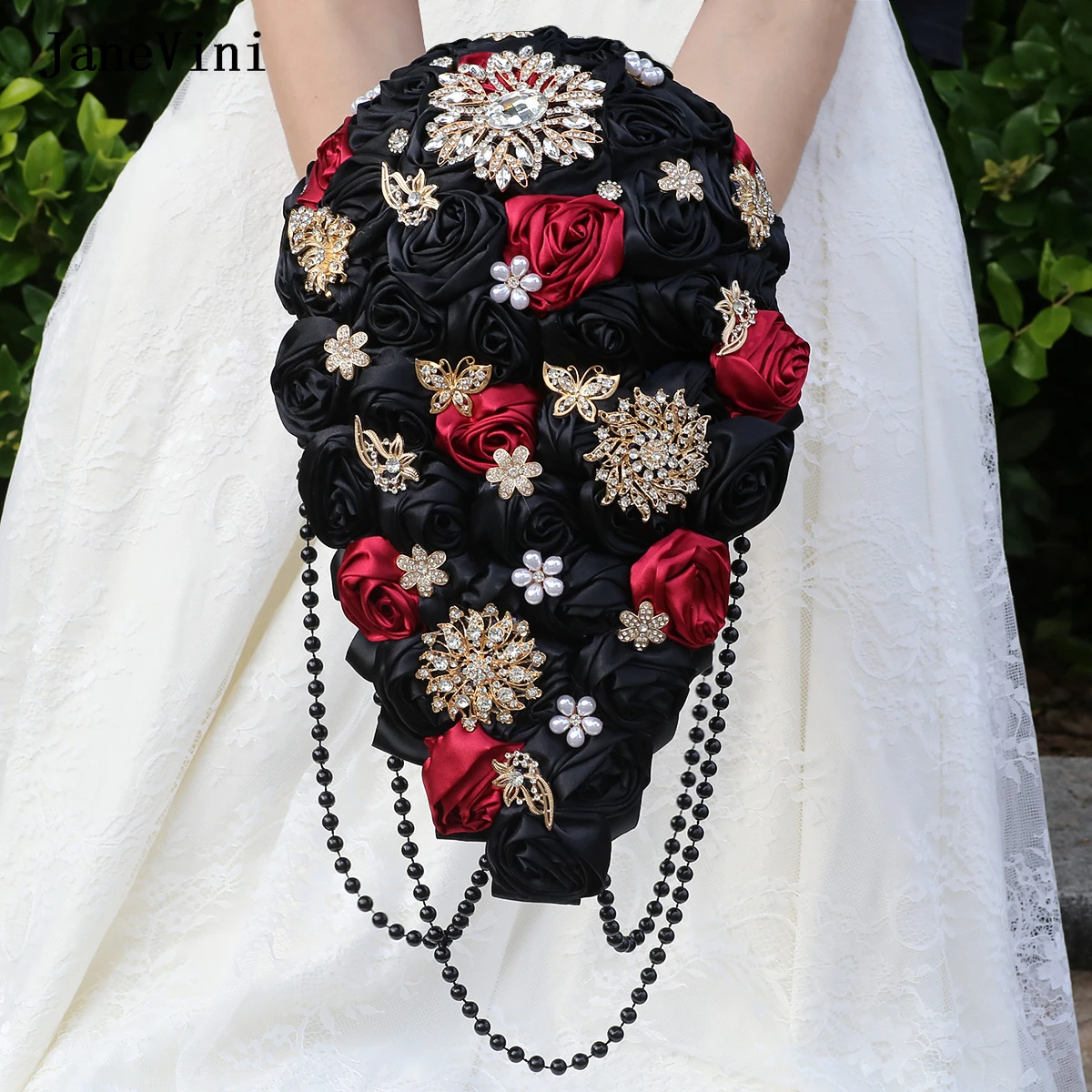 

JaneVini Luxury Crystal Pearls Waterfall Bridal Bouquets Dark Red Wedding Flowers Artificial Satin Roses Cascading Bride Bouquet