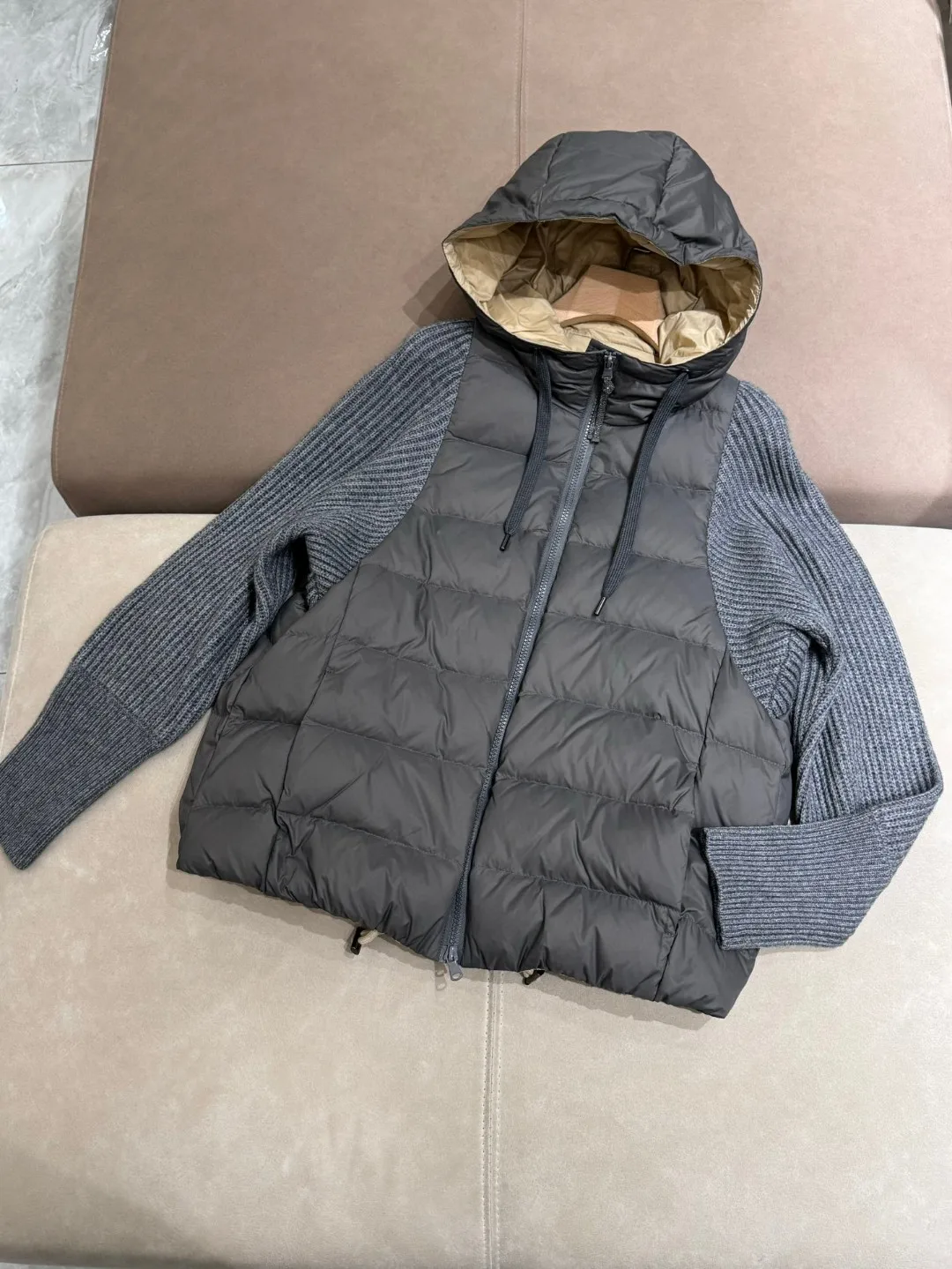 Autumn-winter casual knitted hooded cardigan stuffed with goose down