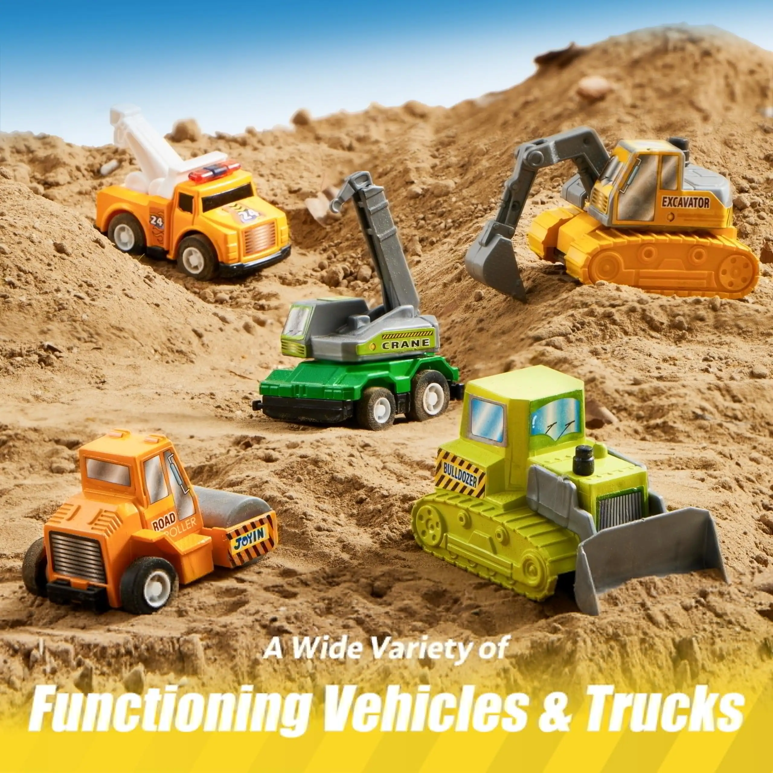 Joyfy Friction Pull Back Play Car Vehicle Party Favors and Mini Excavator Toy Trucks Play Vehicles 18 Pieces