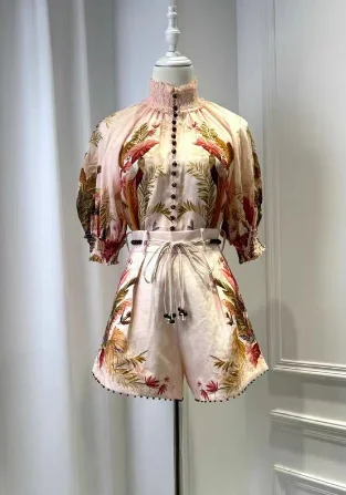 

Short Sleeve Blouse Tops and Shorts Set 2025 Linen High Quality Cream Colored Palm Tree Flower Print